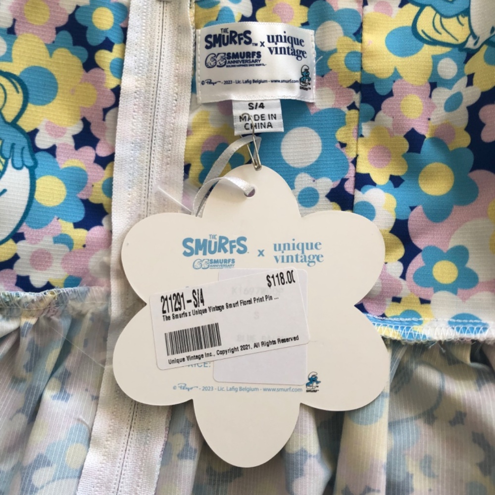 Smurfs X Unique Vintage Smurf Floral Print Pinafore Swing Dress, NWT - Picture 10 of 13